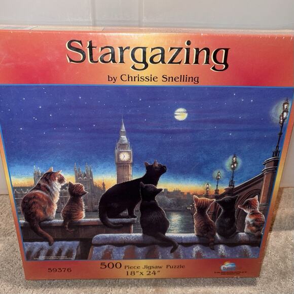 “Stargazing” By Chrissie Snelling 500-Pc Jigsaw Puzzle Cats Big Ben NEW sealed - Picture 1 of 5